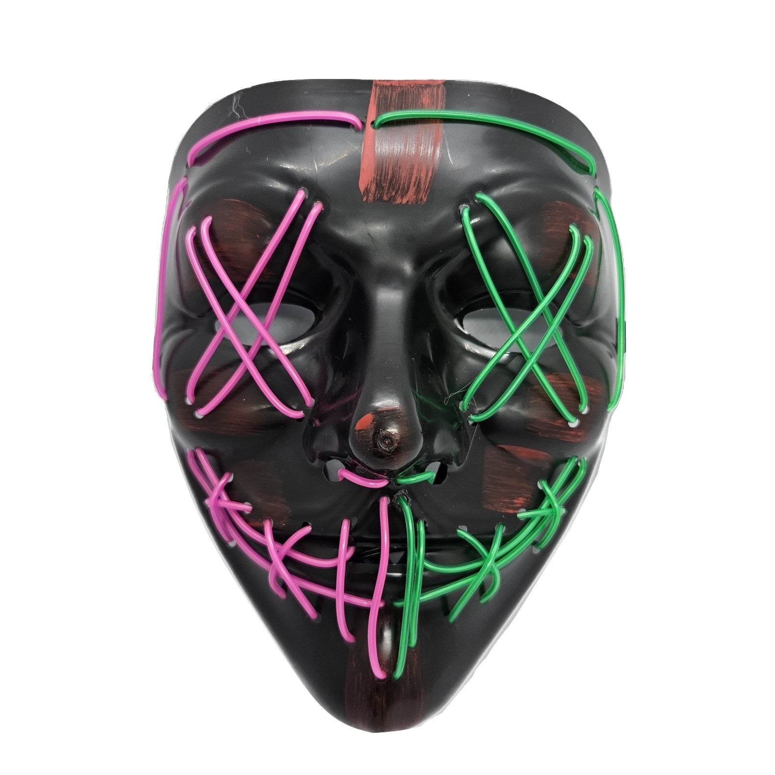 The purge halloween mask är en mycket populär maskeradmask, just den på bilden är svart röd bakgrund men lila och gröna led slingor framför ögon och mun